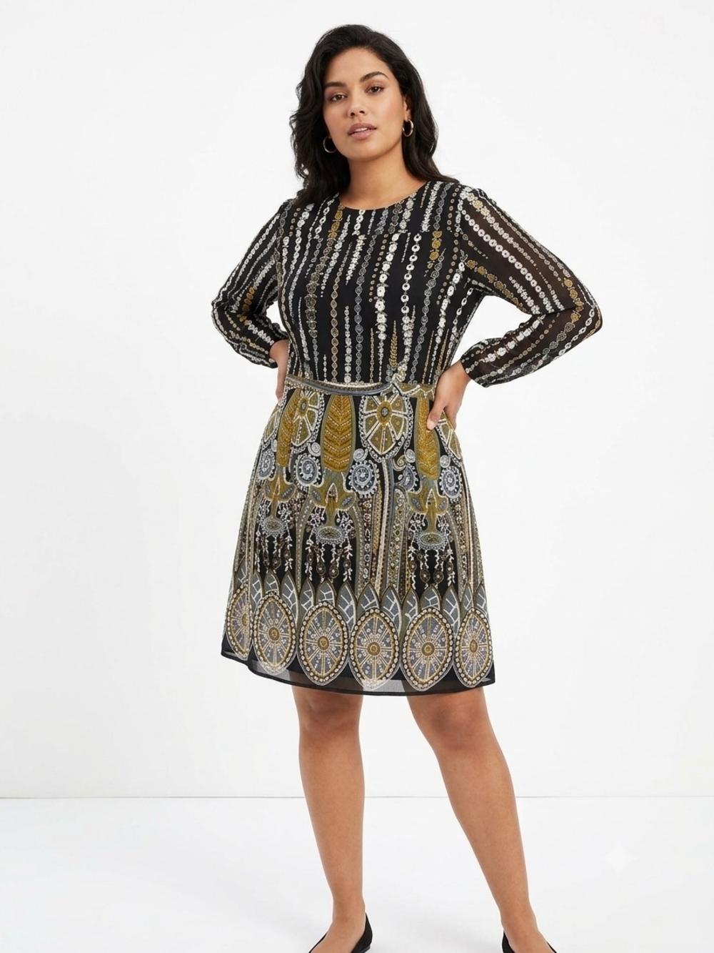 STYLEWE Black Dress with Gold & Cream Medallion Pattern Size XL NWT P2P 18